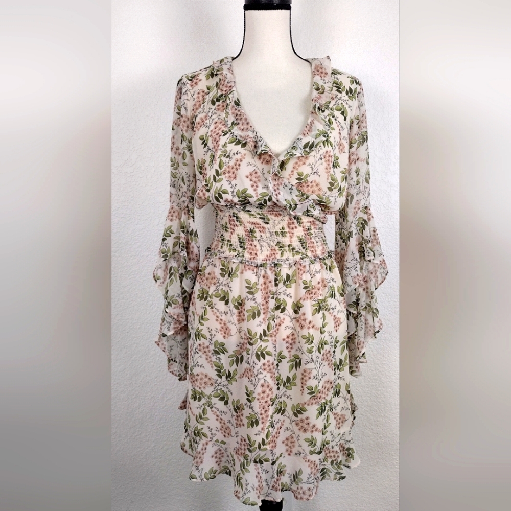 MAX STUDIO SZ 2 Ivory Floral Mocked Dress BELL RUFFLED SLEEVES